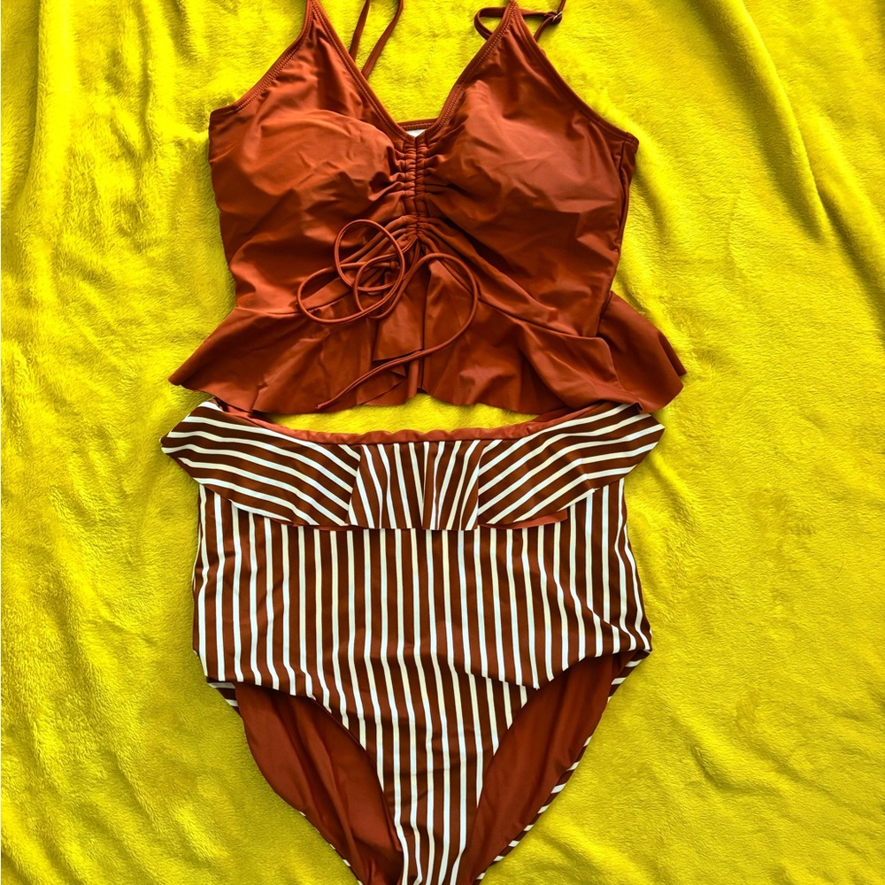 Women’s Rust Two-Piece Swim Set with Striped High-Waist Bottom